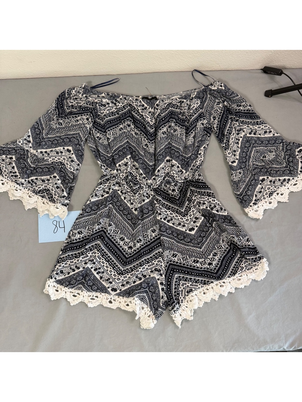 See You Monday Off-Shoulder Black and White Patterned Romper